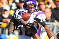 PITTSBURGH - OCTOBER 25:  Sidney Rice #18 of the Minnesota Vikings makes a catch as Ike Taylor #24 of the Pittsburgh Steelers defends at Heinz Field on October 25, 2009 in Pittsburgh, Pennsylvania.The play was nullified by a penalty.  Pittsburgh won 27-17.  (Photo by Rick Stewart/Getty Images)
