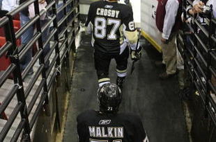 PITTSBURGH - MAY 11:  Sidney Crosby #87 and Evgeni Malkin #71 of the Pittsburgh Penguins skate out for warmups prior to their game against the Washington Capitals in Game Six of the Eastern Conference Semifinal Round of the 2009 Stanley Cup Playoffs at Mellon Arena on May 11, 2009 in Pittsburgh, Pennsylvania.  (Photo by Bruce Bennett/Getty Images)