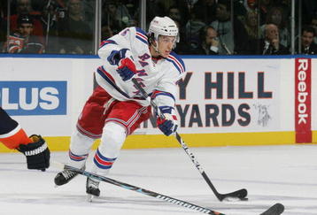 UNIONDALE, NY - OCTOBER 28: Michael Del Zotto #4 of the New York Rangers skates against the New York Islanders at the Nassau Coliseum on October 28, 2009 in Uniondale, New York. (Photo by Bruce Bennett/Getty Images)