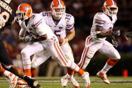 COLUMBIA, SC - NOVEMBER 14:  Tim Tebow #15 of the Florida Gators runs out of the backfield during the game against the South Carolina Gamecocks at Williams-Brice Stadium on November 14, 2009 in Columbia, South Carolina. (Photo by Streeter Lecka/Getty Images)