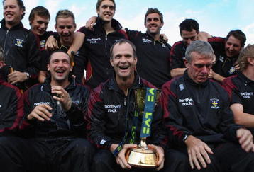 CHESTER-LE-STREET, UNITED KINGDOM - SEPTEMBER 29: Captain Dale Benkenstein with the trophy during the Presentation of the LVE Championship trophy to the 2008 winners, Durham at the County Ground on September 29, 2008 in Chester-Le-Street, England.  (Photo by Gary M. Prior/Getty Images)
