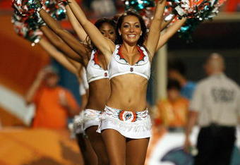 MIAMI - AUGUST 22:  Cheerleaders perform during a stoppage in play as the Carolina Panthers take on the Miami Dolphins during a pre-season game at Land Shark Stadium on August 22, 2009 in Miami, Florida. The Dolphins defeated the Panthers 27-17.  (Photo by Doug Benc/Getty Images)