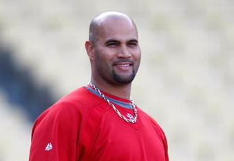 LOS ANGELES, CA - OCTOBER 07:  Albert Pujols #5 of the St. Louis Cardinals looks on before taking on the Los Angeles Dodgers in Game One of the NLDS during the 2009 MLB Playoffs at Dodger Stadium on October 7, 2009 in Los Angeles, California.  (Photo by Jeff Gross/Getty Images)