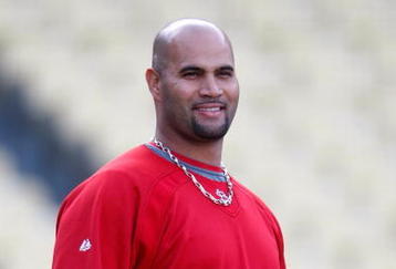 LOS ANGELES, CA - OCTOBER 07:  Albert Pujols #5 of the St. Louis Cardinals looks on before taking on the Los Angeles Dodgers in Game One of the NLDS during the 2009 MLB Playoffs at Dodger Stadium on October 7, 2009 in Los Angeles, California.  (Photo by Jeff Gross/Getty Images)