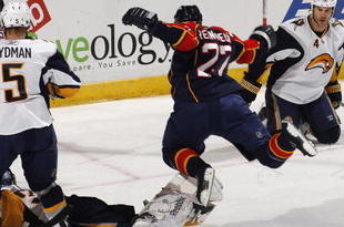 SUNRISE, FL - OCTOBER 21: Steven Reinprecht #27 of the Florida Panthers scores a goal past goaltender Ryan Miller #30 of the Buffalo Sabres during the first period  on October 21, 2009 at the BankAtlantic Center in Sunrise, Florida. (Photo by Joel Auerbach/Getty Images)