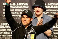 LAS VEGAS - DECEMBER 05:  (L-R) Boxer Juan Manuel Marquez of Mexico and boxer Ricky Hatton of England attend the weigh-in for the Oscar De La Hoya and Manny Pacquiao of the Philippines welterweight fight at the MGM Grand Garden Arena December 5, 2008 in Las Vegas, Nevada. De La Hoya fights Pacquiao December 6th.  (Photo by Ethan Miller/Getty Images)