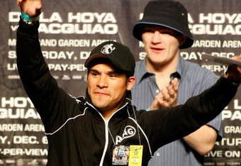 LAS VEGAS - DECEMBER 05:  (L-R) Boxer Juan Manuel Marquez of Mexico and boxer Ricky Hatton of England attend the weigh-in for the Oscar De La Hoya and Manny Pacquiao of the Philippines welterweight fight at the MGM Grand Garden Arena December 5, 2008 in Las Vegas, Nevada. De La Hoya fights Pacquiao December 6th.  (Photo by Ethan Miller/Getty Images)