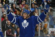TORONTO, ON - SEPTEMBER 26:  Carl Gunnarsson #36 of the Toronto Maple Leafs celebrates his goal in a pre-season game against the Detroit Red Wings on September 26, 2009 at the Air Canada Centre in Toronto, Ontario. The Leafs defeated the Red Wings 2-1. (Photo by Claus Andersen/Getty Images)