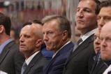TORONTO - SEPTEMBER 22:  Head Coach Ron Wilson (C) of the Toronto Maple Leafs looks on along with assistant coaches Keith Acton (L), Rob Zettler (far left) and Tim Hunter (R) against the Buffalo Sabres during their pre season NHL game at the Air Canada Centre on September 26, 2008 in Toronto, Ontario, Canada. (Photo By Dave Sandford/Getty Images)