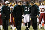 LANDOVER, MD - OCTOBER 26:  Brian Westbrook #36 of the Philadelphia Eagles is escorted off the field after getting hit during the first quarter of the game against the Washington Redskins at FedEx Field October 26, 2009 in Landover, Maryland. (Photo by Win McNamee/Getty Images)