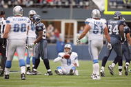 SEATTLE - NOVEMBER 08:  Quarterback Matthew Stafford #9 of the Detroit Lions on the ground after a play during the game against the Seattle Seahawks on November 8, 2009 at Qwest Field in Seattle, Washington. The Seahawks defeated the Lions 32-20. (Photo by Otto Greule Jr/Getty Images)