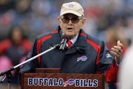 ORCHARD PARK, NY - SEPTEMBER 21:  Owner Ralph Wilson of the Buffalo Bills speaks during a ceremony adding Bruce Smith's name to the Ralph Wilson Stadium Wall of Fame at halftime of the game against the Oakland Raiders on September 21, 2008 at Ralph Wilson Stadium in Orchard Park, New York. Buffalo won 24-23. (Photo by Rick Stewart/Getty Images) 