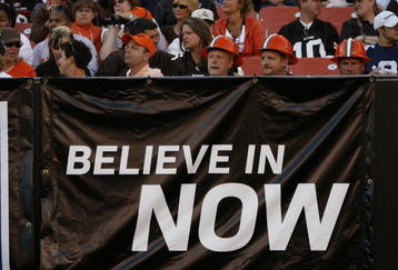 CLEVELAND - SEPTEMBER 7:  Cleveland Browns slogan 'Believe in Now' is shown during the game against the Dallas Cowboys at Cleveland Browns Stadium on September 7, 2008 in Cleveland, Ohio.  (Photo by Kevin C. Cox/Getty Images)