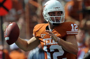 AUSTIN, TX - SEPTEMBER 26:  Quarterback Colt McCoy #12 of the Texas Longhorns drops back to pass against the UTEP Miners at Darrell K Royal-Texas Memorial Stadium on September 26, 2009 in Austin, Texas.  (Photo by Ronald Martinez/Getty Images)