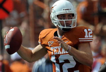 AUSTIN, TX - SEPTEMBER 26:  Quarterback Colt McCoy #12 of the Texas Longhorns drops back to pass against the UTEP Miners at Darrell K Royal-Texas Memorial Stadium on September 26, 2009 in Austin, Texas.  (Photo by Ronald Martinez/Getty Images)