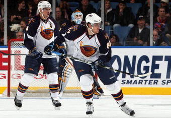 UNIONDALE, NY - NOVEMBER 07:  Nik Antropov #80 of the Atlanta Thrashers skates against the New York Islanders on November 7, 2009 at Nassau Coliseum in Uniondale, New York.  (Photo by Jim McIsaac/Getty Images)