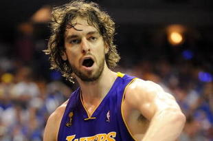 ORLANDO, FL - JUNE 14:  Pau Gasol #16 of the Los Angeles Lakers reacts in the second quarter against the Orlando Magic in Game Five of the 2009 NBA Finals on June 14, 2009 at Amway Arena in Orlando, Florida.  NOTE TO USER:  User expressly acknowledges and agrees that, by downloading and or using this photograph, User is consenting to the terms and conditions of the Getty Images License Agreement.  (Photo by Ronald Martinez/Getty Images)
