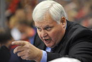 ST. PAUL, MN - SEPTEMBER 18: Head coach Ken Hitchcock of the Columbus Blue Jackets makes a point to the bench during the second period in a preseason game on September 18, 2009 at the Xcel Energy Center in St. Paul, Minnesota. (Photo by Tom Dahlin/Getty Images)