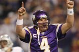 MINNEAPOLIS - NOVEMBER 15:  Brett Favre #4 of the Minnesota Vikings celebrates a touchdown in the fourth quarter against the Detroit Lions on November 15, 2009 at Hubert H. Humphrey Metrodome in Minneapolis, Minnesota. The Vikings defeated the Lions 27-10.  (Photo by Elsa/Getty Images)