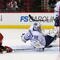 RALEIGH, NC - NOVEMBER 19: Jonas Gustavsson #50 of the Toronto Maple Leafs can't stop a second period shot by Stephane Yelle #18 of the Carolina Hurricanes at the RBC Center on November 19, 2009 in Raleigh, North Carolina. (Photo by Bruce Bennett/Getty Images)