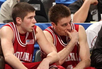 INDIANAPOLIS - MARCH 12:  (L-R) Matt Roth #2 and Brett Finkelmeier #4 of the Indiana Hoosiers look on from the bench deject in the final minutes of their 66-51 loss to the Penn State Nittany Lions during the first round of the Big Ten Men's Basketball Tournament at Conseco Fieldhouse on March 12, 2009 in Indianapolis, Indiana.  (Photo by Jonathan Daniel/Getty Images)