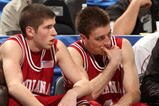 INDIANAPOLIS - MARCH 12:  (L-R) Matt Roth #2 and Brett Finkelmeier #4 of the Indiana Hoosiers look on from the bench deject in the final minutes of their 66-51 loss to the Penn State Nittany Lions during the first round of the Big Ten Men's Basketball Tournament at Conseco Fieldhouse on March 12, 2009 in Indianapolis, Indiana.  (Photo by Jonathan Daniel/Getty Images)