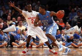 NEW YORK - NOVEMBER 19:  Will Graves #13 of the North Carolina Tar Heels controls the ball against Jeremie Simmons #2 of the Ohio State Buckeyes during their semifinal game of the 2K Sports Classic on  November 19, 2009 at Madison Square Garden in New York City.  (Photo by Jim McIsaac/Getty Images)