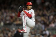 NEW YORK - NOVEMBER 04:  Starting pitcher Pedro Martinez #45 of the Philadelphia Phillies throws a pitch against the New York Yankees in Game Six of the 2009 MLB World Series at Yankee Stadium on November 4, 2009 in the Bronx borough of New York City.  (Photo by Nick Laham/Getty Images)