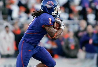BOISE, ID - NOVEMBER 28: Kyle Wilson #1 of the Boise State Broncos runs against the Fresno State Bulldogs during their game on November 28, 2008 at Bronco Stadium in Boise, Idaho.  (Photo by Otto Kitsinger III/Getty Images)