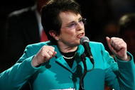 NEW YORK - MARCH 02:  Billie Jean King waves to the crowd during her tribute ceremony at the  BNP Paribas Showdown for the Billie Jean Cup at Madison Square Garden on March 2, 2009 in New York City.  (Photo by Chris McGrath/Getty Images)