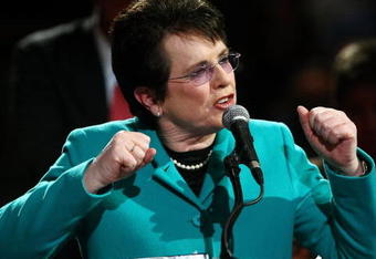 NEW YORK - MARCH 02:  Billie Jean King waves to the crowd during her tribute ceremony at the  BNP Paribas Showdown for the Billie Jean Cup at Madison Square Garden on March 2, 2009 in New York City.  (Photo by Chris McGrath/Getty Images)
