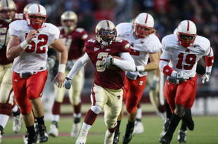 CHESTNUT HILL, MA - OCTOBER 17: Montel Harris #2 of the Boston College Eagles breaks away from J.R. Sweezy #52 and Clem Johnson #19 of the North Carolina State Wolf Pack on October 17, 2009 at Alumni Stadium in Chestnut Hill, Massachusetts. (Photo by Elsa/Getty Images)