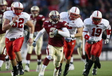 CHESTNUT HILL, MA - OCTOBER 17:  Montel Harris #2 of the Boston College Eagles breaks away from J.R. Sweezy #52 and Clem Johnson #19  of the North Carolina State Wolf Pack on October 17, 2009 at Alumni Stadium in Chestnut Hill, Massachusetts.  (Photo by Elsa/Getty Images)