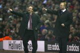 LIVERPOOL, ENGLAND - NOVEMBER 09:  Birmingham City Manager Alex McLeish (R) gestures as Liverpool Manager Rafael Benitez shouts instructions during the Barclays Premier League match between Liverpool and Birmingham City at Anfield on November 9, 2009 in Liverpool, England.  (Photo by Alex Livesey/Getty Images)