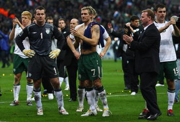 PARIS - FRANCE-NOVEMBER 18: Shay Given (L),Liam Lawrence (C) and Darron Gibson (R) of Ireland react after the 1-1 draw which saw Ireland lose 2-1 on aggregate during the France v Republic of Ireland FIFA 2010 World Cup Qualifying Play Off second leg match at the Stade de France on November 18, 2009 in Paris, France.  (Photo by Michael Steele/Getty Images)