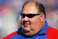LAWRENCE, KS - SEPTEMBER 26:  Head coach Mark Mangino of the Kansas Jayhawks watches during warm-ups just prior to the start of the game against the Southern Mississippi Golden Eagles on September 26, 2009 at Memorial Stadium in Lawrence, Kansas.  (Photo by Jamie Squire/Getty Images)