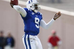 DURHAM, NC - NOVEMBER 14:  Thaddeus Lewis #9 of the Duke Blue Devils passes the football against the Georgia Tech Yellow Jackets at Wallace Wade Stadium on November 14, 2009 in Durham, North Carolina. (Photo by Joe Robbins/Getty Images)