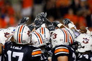 AUBURN, AL - SEPTEMBER 19:  The Auburn Tigers huddle after pregame warmpus before facing the West Virginia Mountaineers at Jordan-Hare Stadium on September 19, 2009 in Auburn, Alabama.  (Photo by Kevin C. Cox/Getty Images)