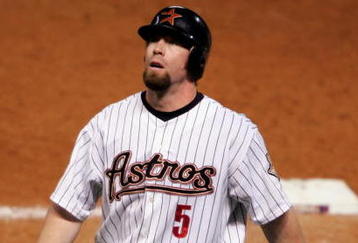 HOUSTON - OCTOBER 25:  Pinch hitter Jeff Bagwell #5 of the Houston Astros reacts after poping out to the Chicago White Sox during the seventh inning of Game Three of the 2005 Major League Baseball World Series at Minute Maid Park on October 25, 2005 in Houston, Texas.  (Photo by Elsa/Getty Images)