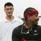 SHANGHAI, CHINA - SEPTEMBER 25: (CHINA OUT) NBA star Allen Iverson (R) of USA and Yao Ming of China play basketball with fans during an event at Shanghai Stadium on September 25, 2005 in Shanghai, China. Philadelphia 76ers guard Allen Iverson is visiting Shanghai as the last leg of his Asia Tour which lasts from September 21 to 26. (Photo by China Photos/Getty Images) 