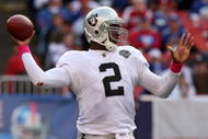 EAST RUTHERFORD, NJ - OCTOBER 11:  JaMarcus Russell #2 of the Oakland Raiders throws a pass against the New York Giants on October 11, 2009 at Giants Stadium in East Rutherford, New Jersey.  (Photo by Jim McIsaac/Getty Images)