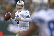 GREEN BAY, WI - NOVEMBER 15: Tony Romo #9 of the Dallas Cowboys looks at a receiver against the Green Bay Packers at Lambeau Field on November 15, 2009 in Green Bay, Wisconsin. (Photo by Jonathan Daniel/Getty Images)