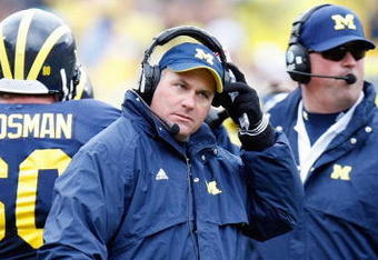 ANN ARBOR, MI - OCTOBER 24:  Head coach Rich Rodriguez of the Michigan Wolverines looks on during the game against the Penn State Nittany Lions on October 24, 2009 at Michigan Stadium in Ann Arbor, Michigan. (Photo by  Gregory Shamus/Getty Images)