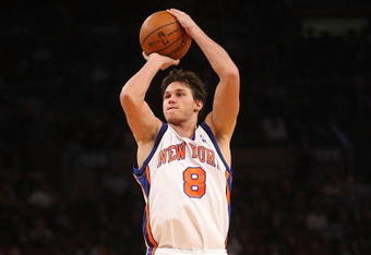NEW YORK - NOVEMBER 09: Danilo Gallinari #8 of the New York Knicks shoots the ball against the Utah Jazz at Madison Square Garden on November 9, 2009 in New York City. NOTE TO USER: User expressly acknowledges and agrees that, by downloading and or using this photograph, User is consenting to the terms and conditions of the Getty Images License Agreement.  (Photo by Nick Laham/Getty Images)