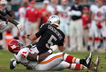 OAKLAND, CA - NOVEMBER 15:  Bruce Gradkowski #5 of the Oakland Raiders is sacked by Alex Magee #71 of the Kansas City Chiefs at Oakland-Alameda County Coliseum on November 15, 2009 in Oakland, California.  (Photo by Ezra Shaw/Getty Images)