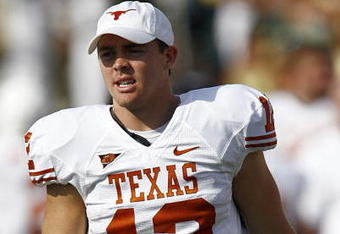 WACO, TX - NOVEMBER 14:  Quarterback Colt McCoy #12 of the Texas Longhorns ices his right hand during the fourth quarter against the Baylor Bears on November 14, 2009 at Floyd Casey Stadium in Waco, Texas.  The Longhorns beat the Bers 47-14.  (Photo by Tom Pennington/Getty Images)