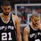 DALLAS - APRIL 25:  Forward Tim Duncan #21 and Tony Parker #9 of the San Antonio Spurs during a 99-90 loss against the Dallas Mavericks in Game Four of the Western Conference Quarterfinals during the 2009 NBA Playoffs at American Airlines Center on April 25, 2009 in Dallas, Texas. NOTE TO USER: User expressly acknowledges and agrees that, by downloading and or using this photograph, User is consenting to the terms and conditions of the Getty Images License Agreement.  (Photo by Ronald Martinez/Getty Images)