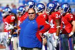 LAWRENCE, KS - SEPTEMBER 26:  Head coach Mark Mangino of the Kansas Jayhawks watches during warm-ups just prior to the start of the game against the Southern Mississippi Golden Eagles on September 26, 2009 at Memorial Stadium in Lawrence, Kansas.  (Photo by Jamie Squire/Getty Images)