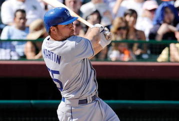 SCOTTSDALE, AZ - FEBRUARY 26:  Russel Martin #55 of the Los Angeles Dodgers hits a two run double against the San Francisco Giants during a spring training game at Scottsdale Stadium on February 26, 2009 in Scottsdale, Arizona.  (Photo by Kevork Djansezian/Getty Images)