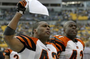 PITTSBURGH - NOVEMBER 15:  Chris Crocker #42 and Chinedum Ndukwe #41 of the Cincinnati Bengals celebrate in the bench area en route to an 18-12 win over the Pittsburgh Steelers during their game at Heinz Field on November 15, 2009 in Pittsburgh, Pennsylvania. The Bengals defeated the Steelers 18-12. (Photo by Rick Stewart/Getty Images)